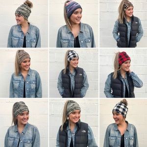 2/$25—SOFT SOLID OR PRINTED MESSY BUN BEANIES!! BRAND NEW!! FANTASTIC QUALITY!!